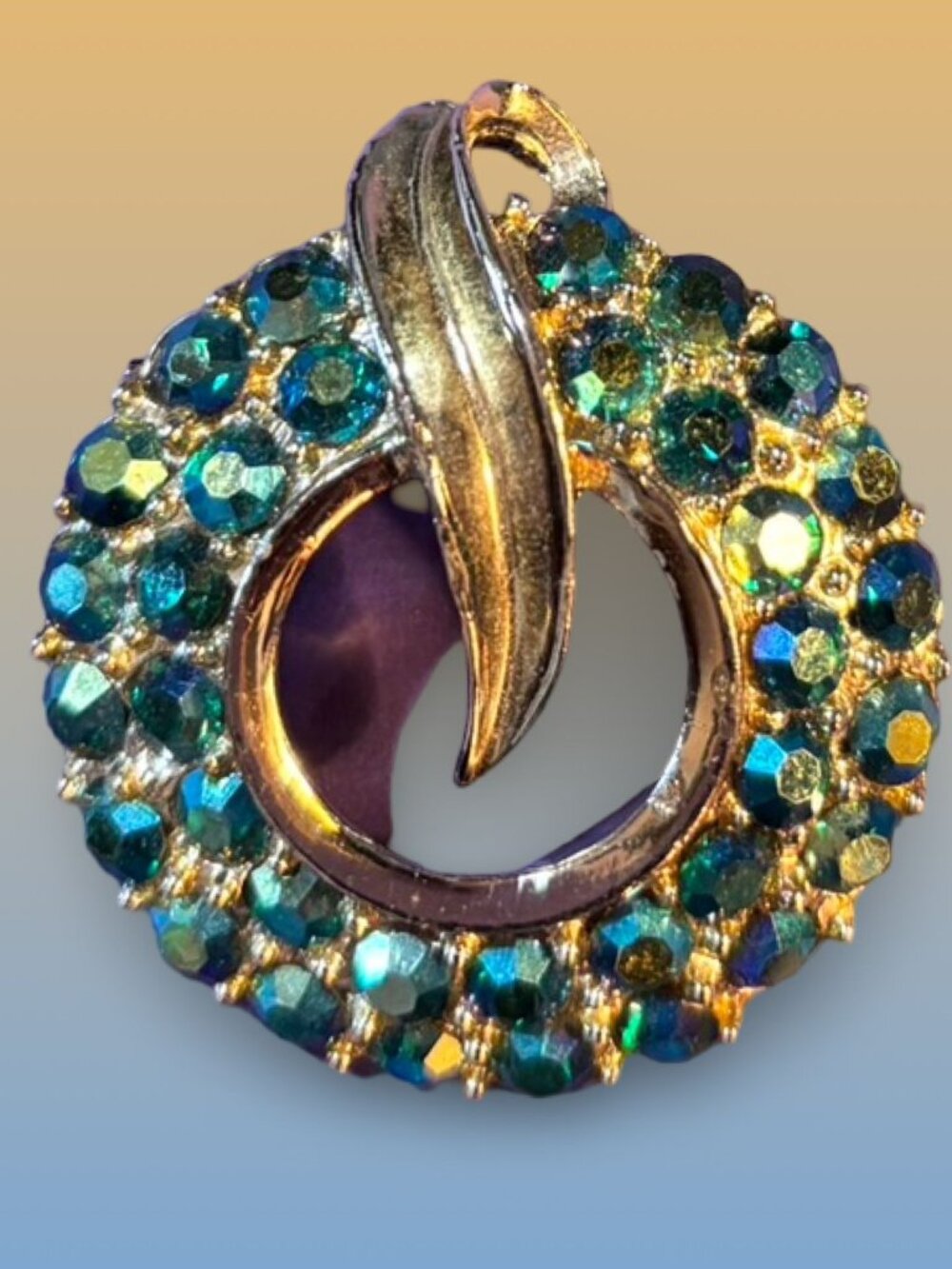 Gold-Tone Brooch With Aqua Blue Rhinestone Accents & Leaf Accent